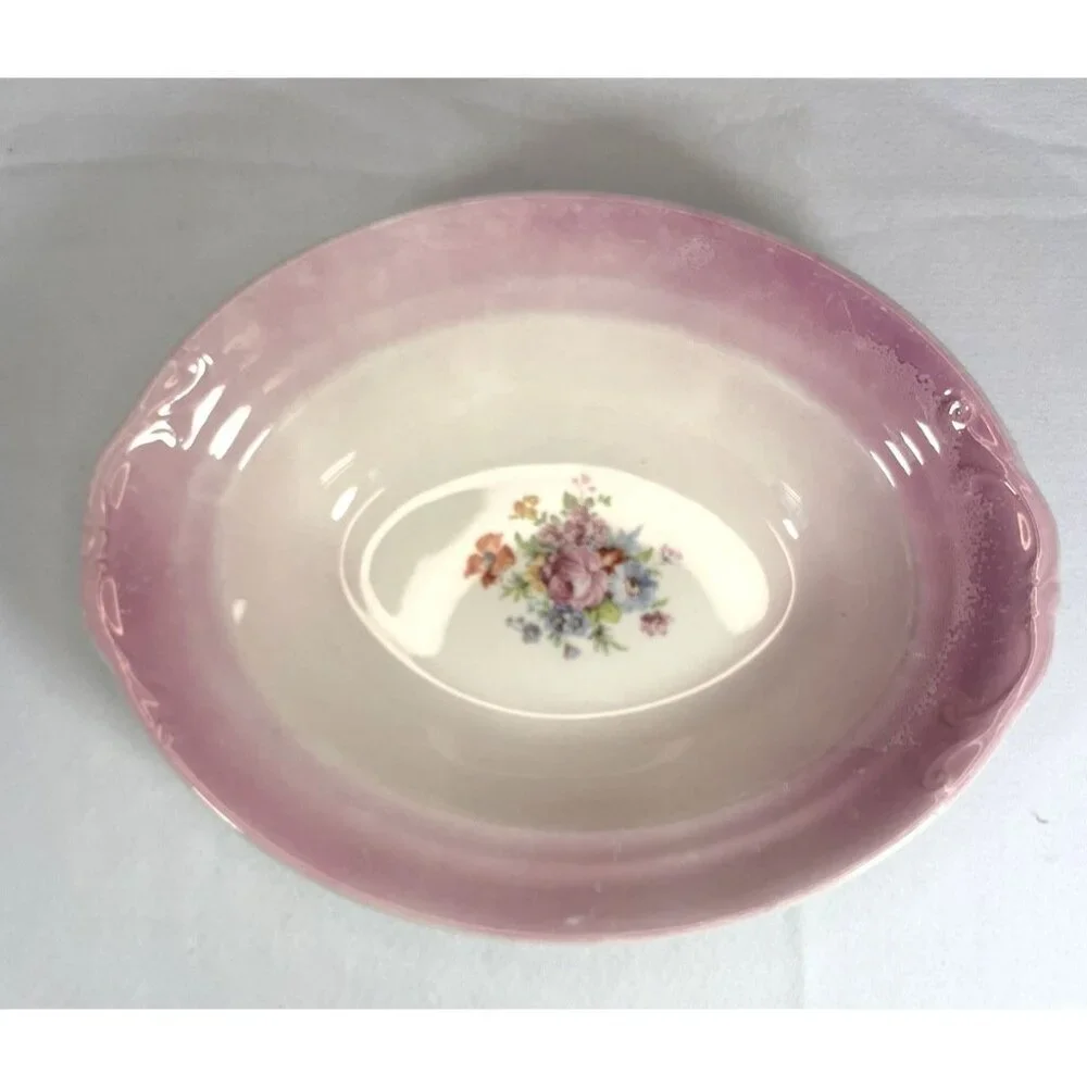 Crown Potteries Co Pair of Oval Floral Bowls Pink Blue 9X7X2
